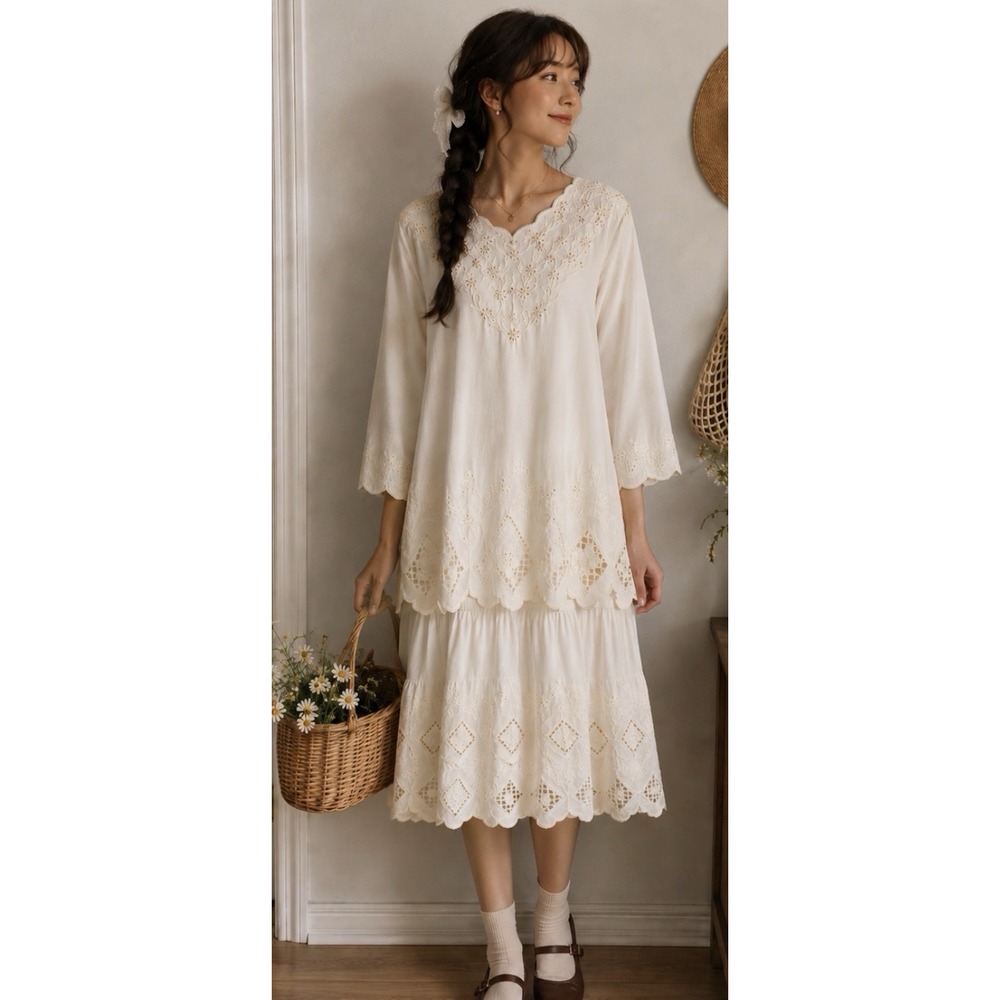 VTG Skirt Tunic Top Set Cream  Shabby Cottagecore Prairie Lace 2X
